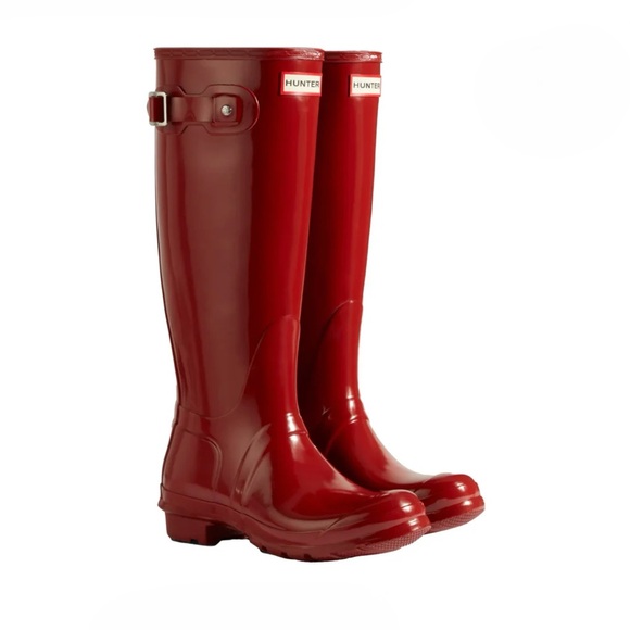 Hunter Shoes - HUNTER Original Tall Glossy Rain Boots Red Size 9 Waterproof Silver Buckle